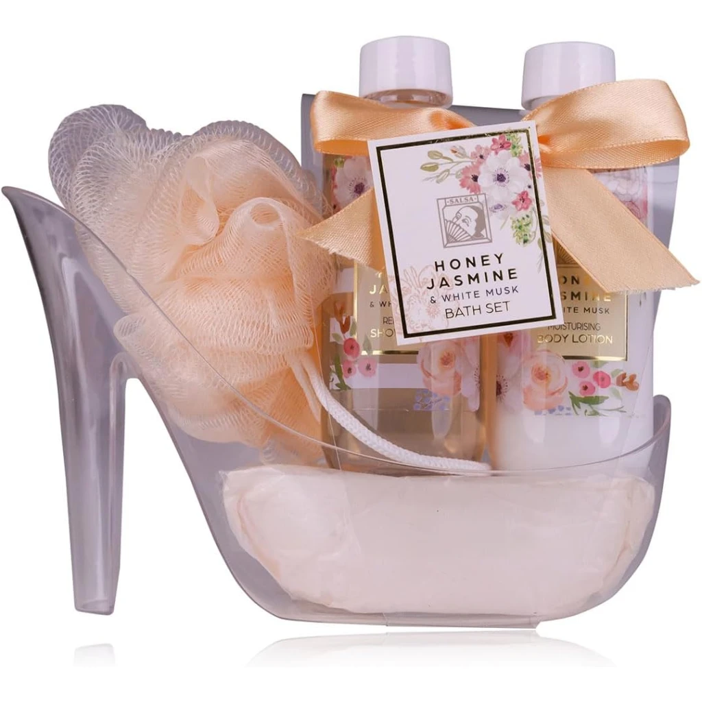 Accentra Zestaw prysznicowy dla kobiet, zestaw upominkowy Honey Jasmin w pięknych czółenkach – 3-częściowy zestaw do pielęgnacji z żelem pod prysznic, balsamem do ciała i gąbką do kąpieli – zestaw na