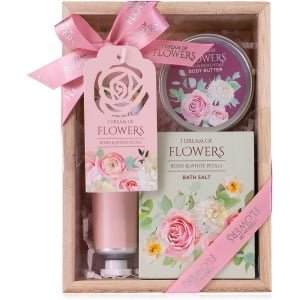 Accentra – Zestaw do kąpieli dla kobiet, zestaw upominkowy I DREAM OF FLOWERS w pięknym pudełku prezentowym – 3-częściowy zestaw do pielęgnacji z kremem do rąk, masłem do ciała i solą do kąpieli –