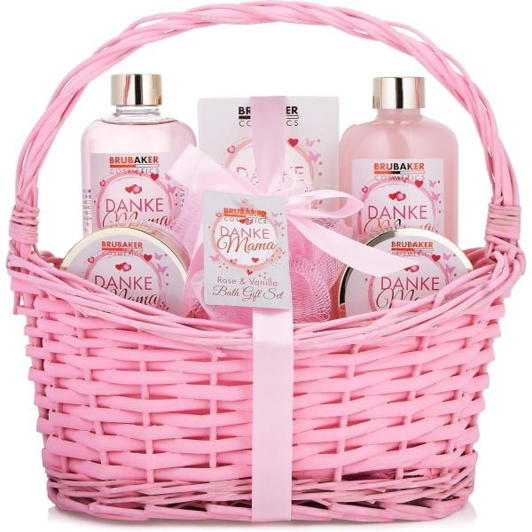 BRUBAKER Cosmetics - Danke Mama - 7-częściowy zestaw do kąpieli i prysznica z zapachami wanilii i róż - zestaw upominkowy w stylu vintage, różowy, prezent dla mamy