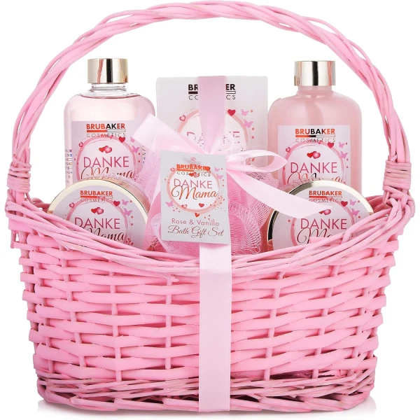 BRUBAKER Cosmetics - Danke Mama - 7-częściowy zestaw do kąpieli i prysznica z zapachami wanilii i róż - zestaw upominkowy w stylu vintage, różowy, prezent dla mamy