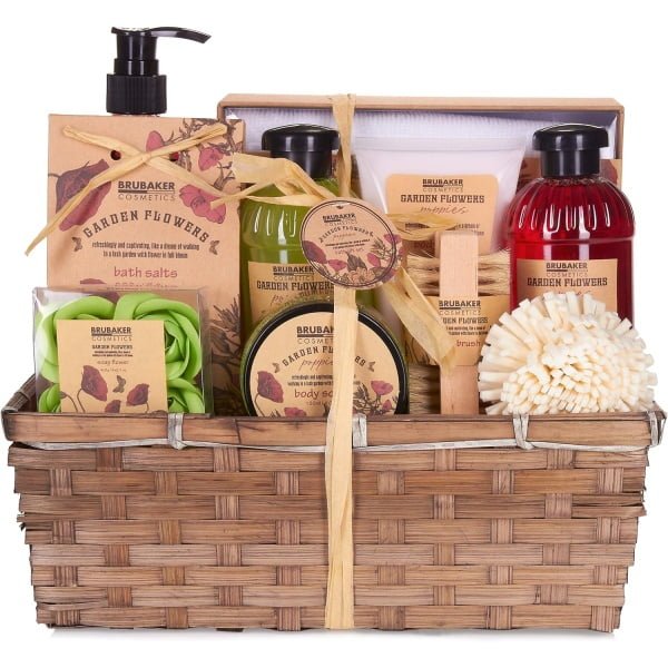 BRUBAKER zestaw kosmetyków do kąpieli i pod prysznic, zapach maków, 14-częściowy zestaw upominkowy w koszu, ze szczotką do paznokci