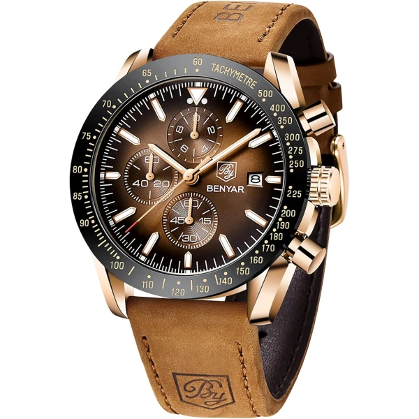 BY BENYAR zegarki męskie analogowy chronograf kwarcowy wodoszczelny, podświetlany data, zegarek biznesowy, codzienny, designerski, zegarki, elegancki prezent dla mężczyzn