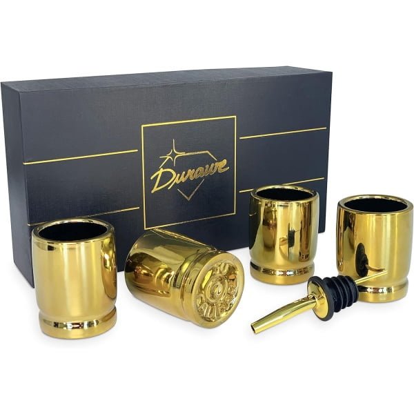 Durawe Company Szklanki do szotów kalibru 50, zestaw 4 ceramicznych kieliszków do szotów z nalewaniem, 50 Cal Bullet Casings Shaped Shot Glass, świetny prezent dla mężczyzn, luksusowy zestaw