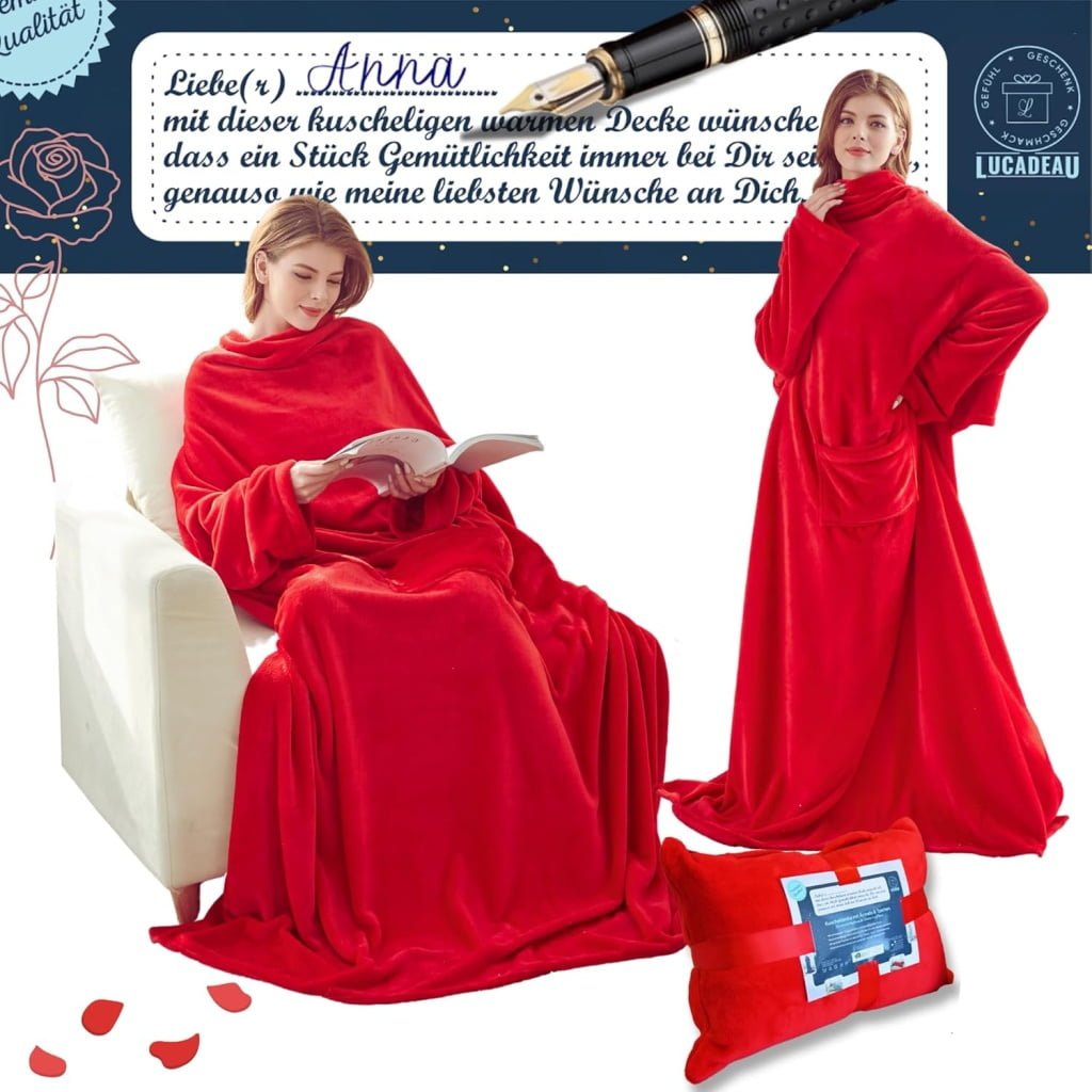 Lucadeau Przytulny koc z rękawami, prezent dla kobiet na Dzień Matki, prezent urodzinowy dla mamy, przyjaciółki, siostry, do domu, na taras, kemping, podróż, 150 x 200 cm (czerwony)