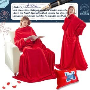 Lucadeau Przytulny koc z rękawami, prezent dla kobiet na Dzień Matki, prezent urodzinowy dla mamy, przyjaciółki, siostry, do domu, na taras, kemping, podróż, 150 x 200 cm (czerwony)