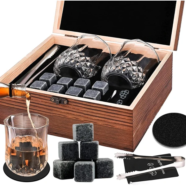MEEQIAO kamienie do whisky i szklanki, zestaw prezentowy dla mężczyzn, 8 granitowych kamieni do whisky + 2 kryształowe szklanki do whisky i aksamitna torba, na Dzień Ojca, Boże Narodzenie, prezent urodzinowy, prezent dla taty, chłopaka