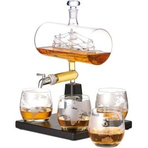 Oak & Steel - Karafka do Whisky (Statek, 1000ml) z Kranem ze Stali Nierdzewnej i 4 Szklankami Whisky (300ml) - Prezent dla Mężczyzn, Urodziny, Dzień Ojca, Boże Narodzenie