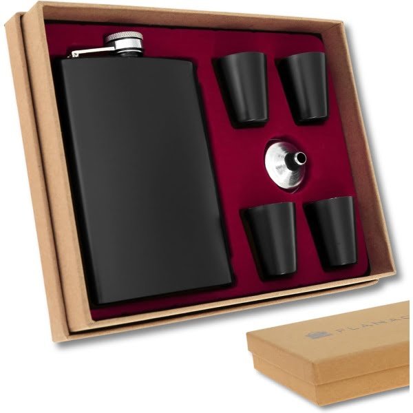 Piersiówka zestaw upominkowy dla mężczyzn • wzór wojskowy matowy czarny lub matowy zielony • piersiówka ze stali nierdzewnej zestaw z kubkiem i lejkiem • prezent dla mężczyzn • 265 ml • akcesoria