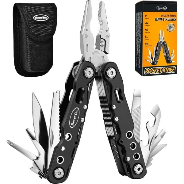 RoverTac Szczypce wielofunkcyjne Nóż kieszonkowy, 14 w 1 Nóż wielofunkcyjny Szczypce Piła Otwieracz do butelek Blokada bezpieczeństwa Nylonowa pochwa Prezent dla mężczyzny Taty