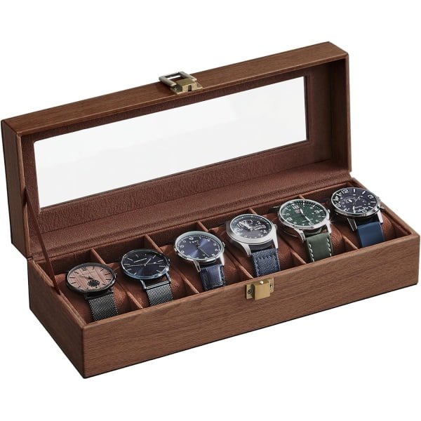 SONGMICS JWB006K01 Pudełko na zegarki, z 6 przegródkami, szklaną pokrywką, do przechowywania, jako prezent, sztuczna skóra, z poduszkami na zegarki, 30 x 11 x 8 cm, brązowe, z rysunkiem słojów drewna
