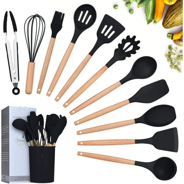 Silikonowe przybory kuchenne, zestaw przyborów kuchennych, 12 sztuk, naturalne drewniane uchwyty, narzędzie do gotowania, wolne od BPA, nietoksyczne silikonowe szczypce do obracania, szpatułka, łyżka,