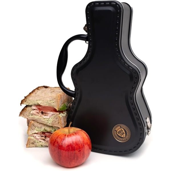 Suck UK Guitar Lunch Box, pudełko śniadaniowe w stylu walizki na gitarę, blaszane pudełko do przechowywania chleba pauzowego, przekąsek, pojemnik na żywność, puszka z uchwytem do noszenia, pudełko na