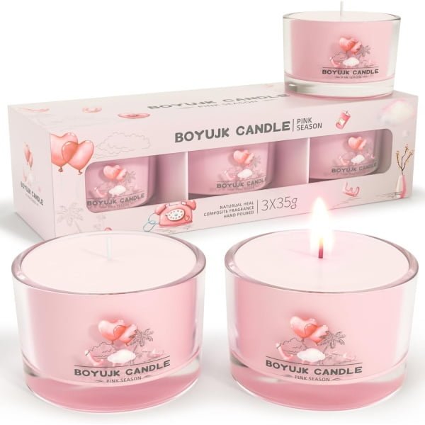 Świece zapachowe, zestaw upominkowy na niepokój, 3 świece wotywne z wypełnieniem zapachowym, prezenty relaksacyjne dla kobiet (kolekcja Pink Season)