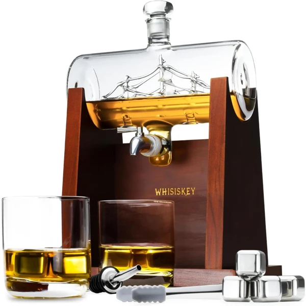 Whisiskey - Whisky Caraffe - 1000 ml - Zestaw upominkowy dla mężczyzn - Luksusowy zestaw Whiskey - Prezent na Dzień Ojca - z 4 kamieniami whisky, dzióbkiem, kranem i 2 szklankami do whisky -1L