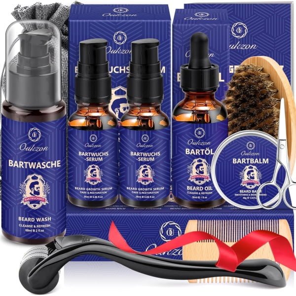 Zestaw do pielęgnacji brody dla mężczyzn, prezent na Boże Narodzenie, urodziny – kompletny środek na porost brody dla mężczyzn z szamponem do brody, olejkiem do brody, wałkiem do brody, serum do